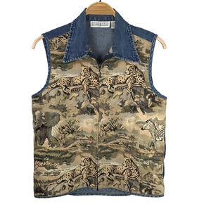 Vintage Dress Barn Denim Tapestry Vest 90s Y2K Safari Print Zip Up Size Large